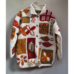 Vintage Pachamama Autumn Leaves Wool Handknit Handmade Cardigan Sweater Multi